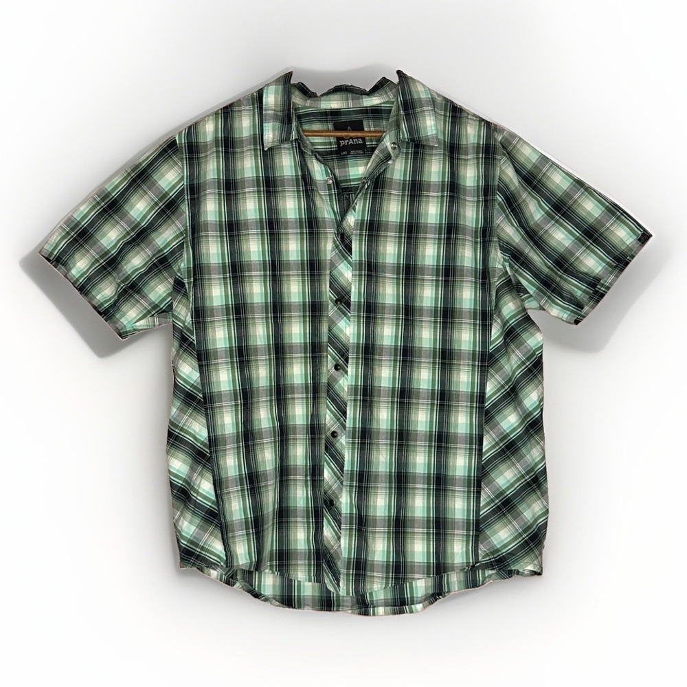 prAna Shirt L Green Black Plaid Snap Button Outdoor Hiking Travel Short Sleeve